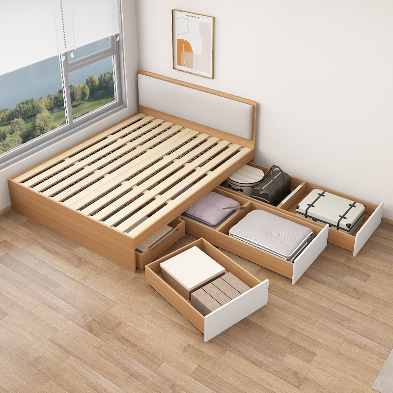 Natural Color Solid Color Storage Included Bed with 3 Storage Boxes for Bedroom