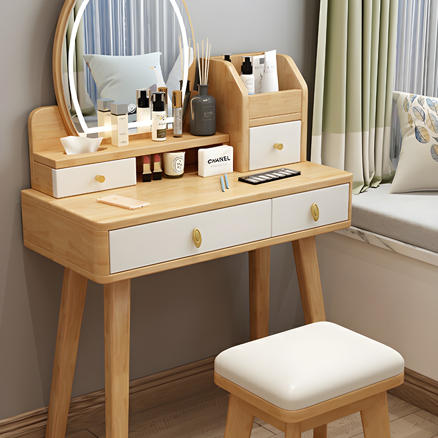 Modern Wood Makeup Vanity with Drawers, Mirror & Upholstered Chair - image 12