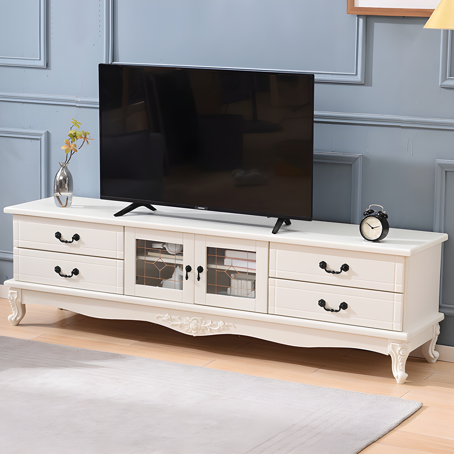 Traditional Solid Wood TV Cabinet Living Room Luxury TV Stand with Glass Doors - image 4