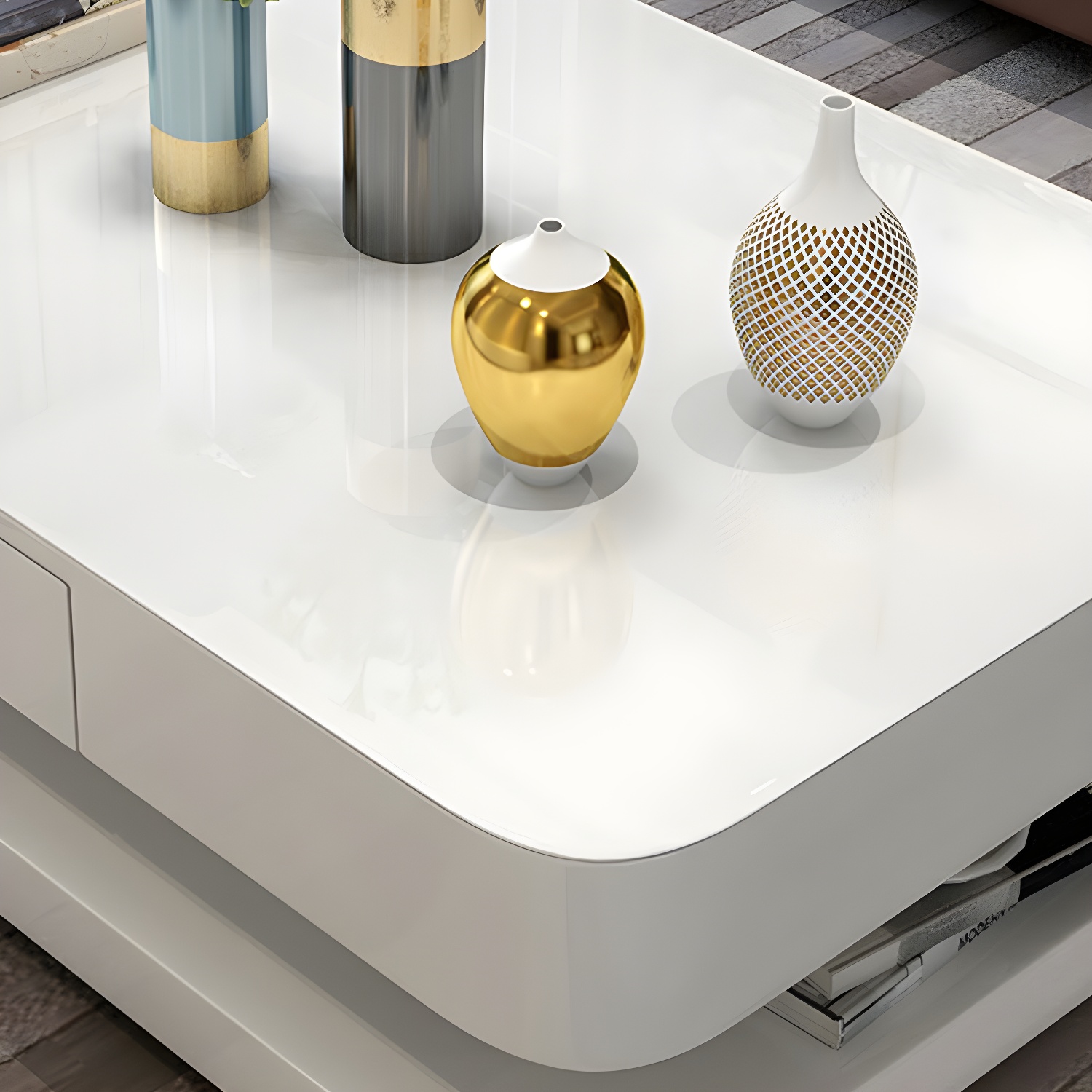 White Modern Coffee Table with Rectangular Wood Top & Block Base - image 6