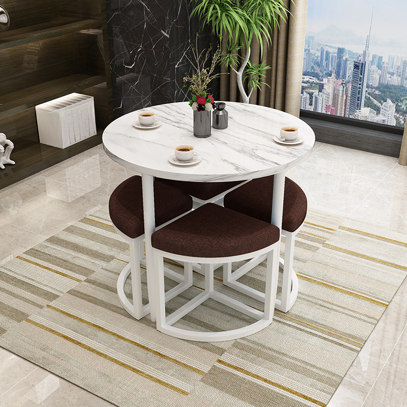 Reclaimed Wood Round Dining Table Set with Metal Toboggan Base and Upholstered Backless Chairs for 4 People - image 40