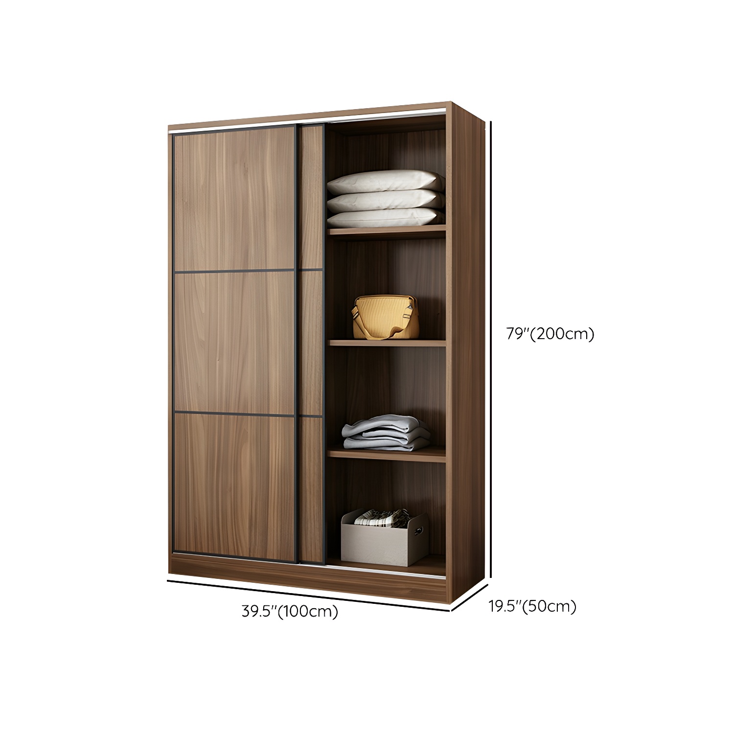 Non-Adjustable Traditional Brown Wood Wardrobe Armoire with Sliding Doors & Soft Close Drawers - image 9