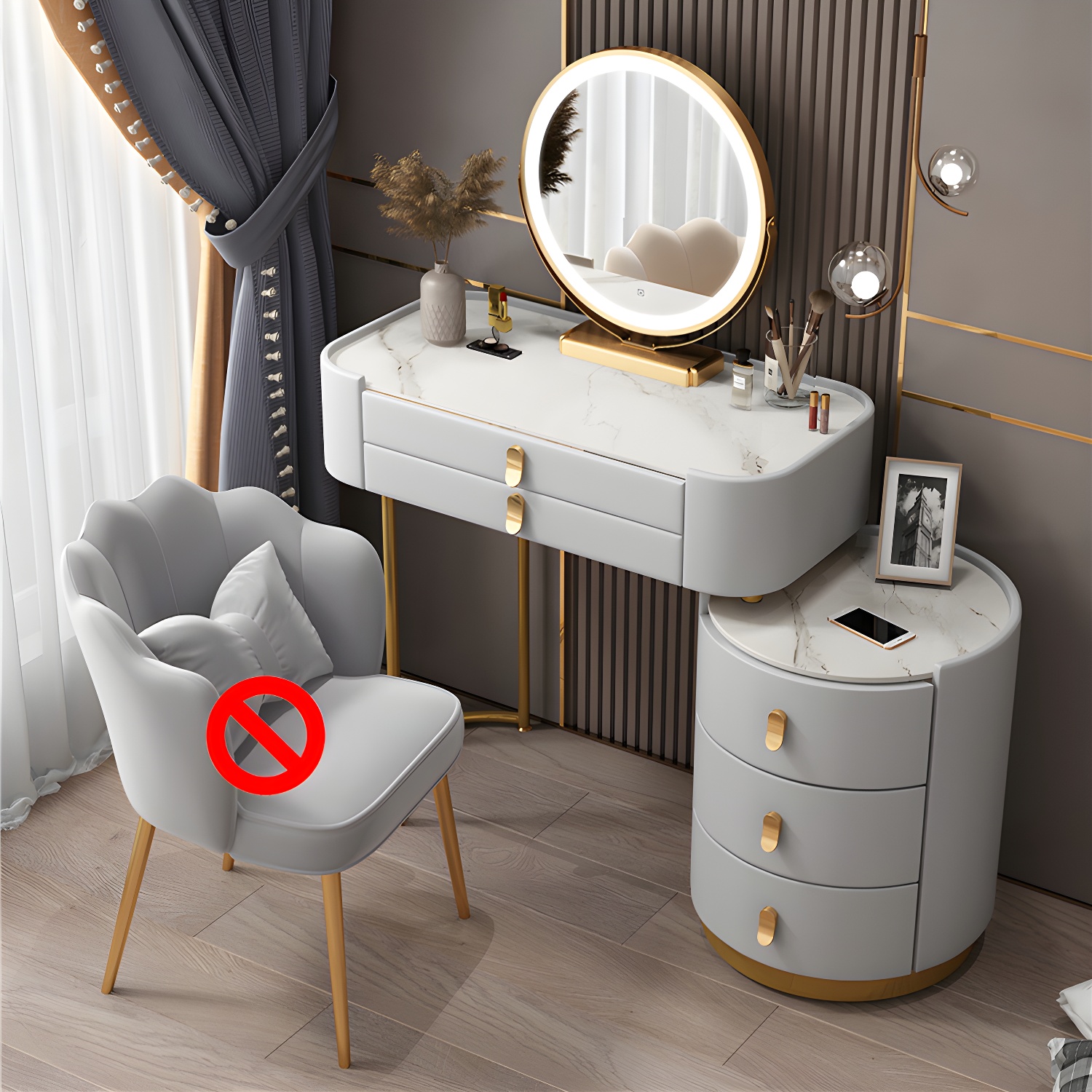 Glass/Stone Dresser Modern Make-up Vanity with 5/6 Storage Drawers