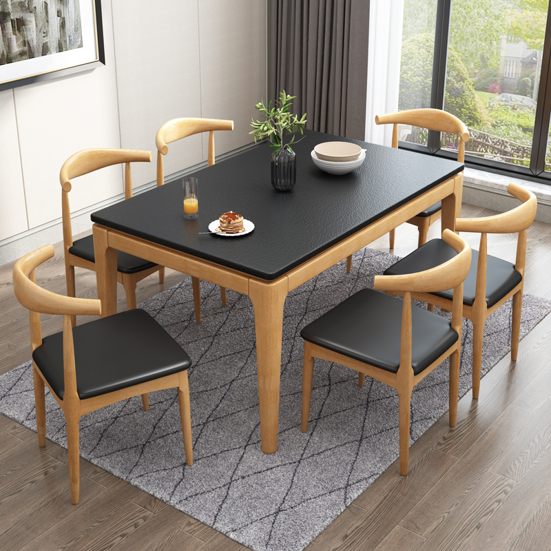 Scandinavian Rectangular Sintered Stone Dining Table Set with Four Legs Fixed Table for 4/2 People in Ink/Chalk - image 5
