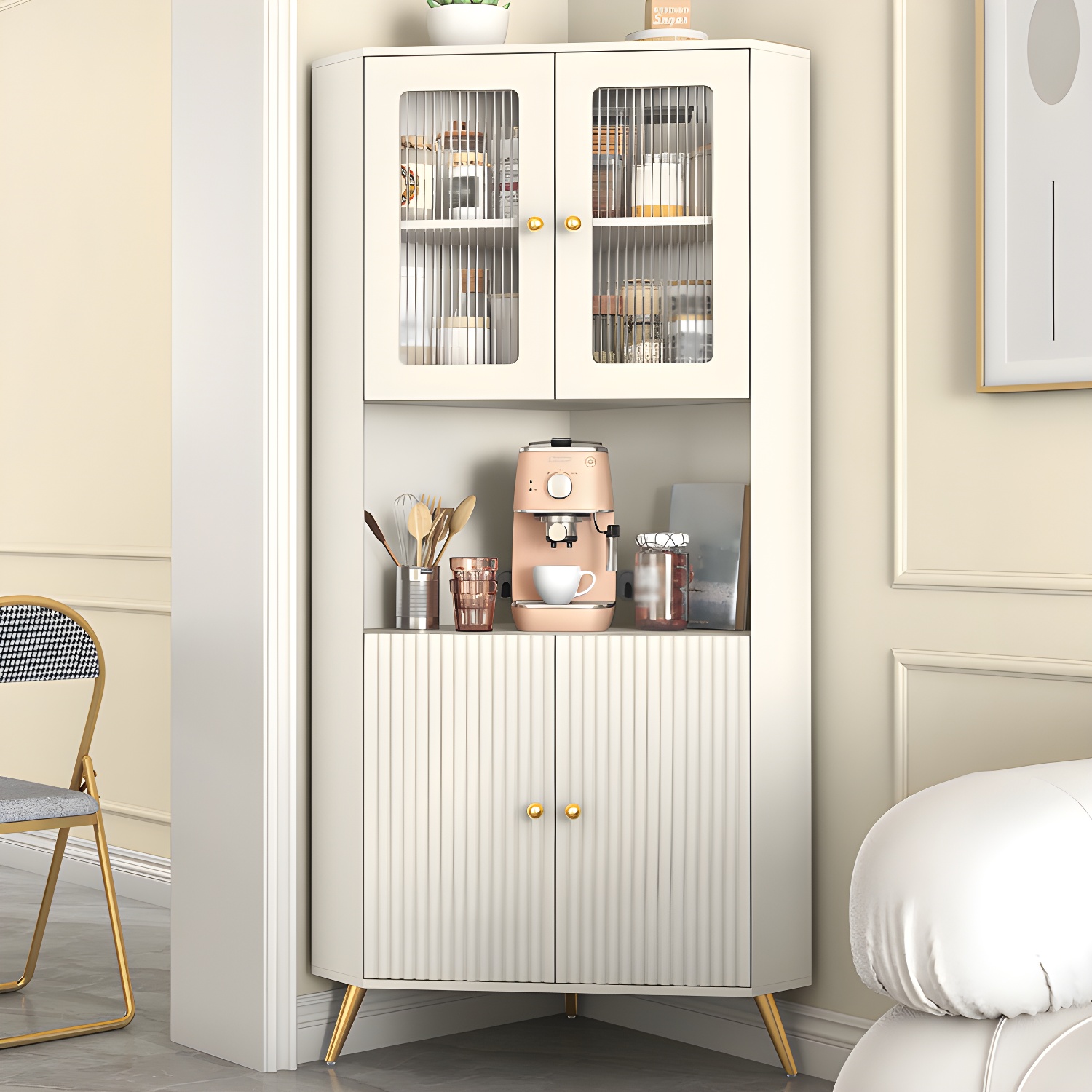 Modern Corner Accent Cabinet with White Wood Countertop, Glass Doors, and Gold Metal Base