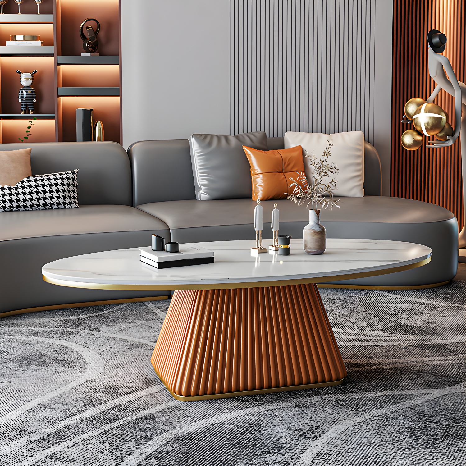 Elliptical Stone Coffee Table Pedestal 1 Single Cocktail Table - 17.72" H