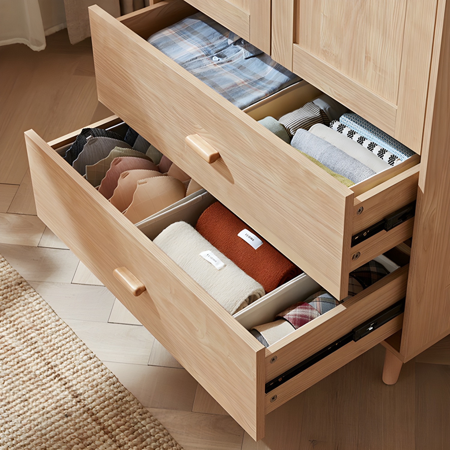 Modern Natural Wood Wardrobe Armoire with Clothing Rod, Shelves, and Soft-Close Drawers - image 8