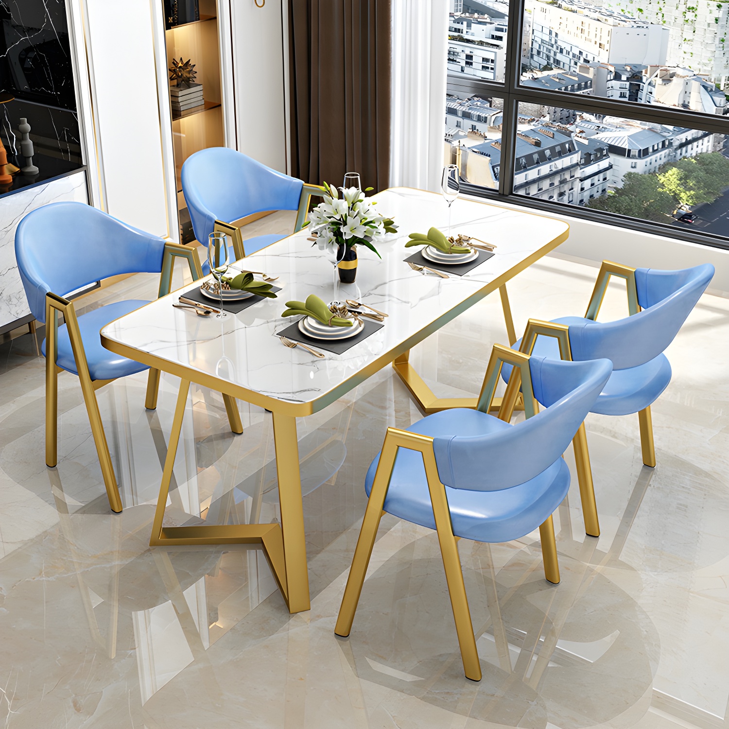 Glam White Wood Dining Set with Upholstered Chairs - 5 Piece Set