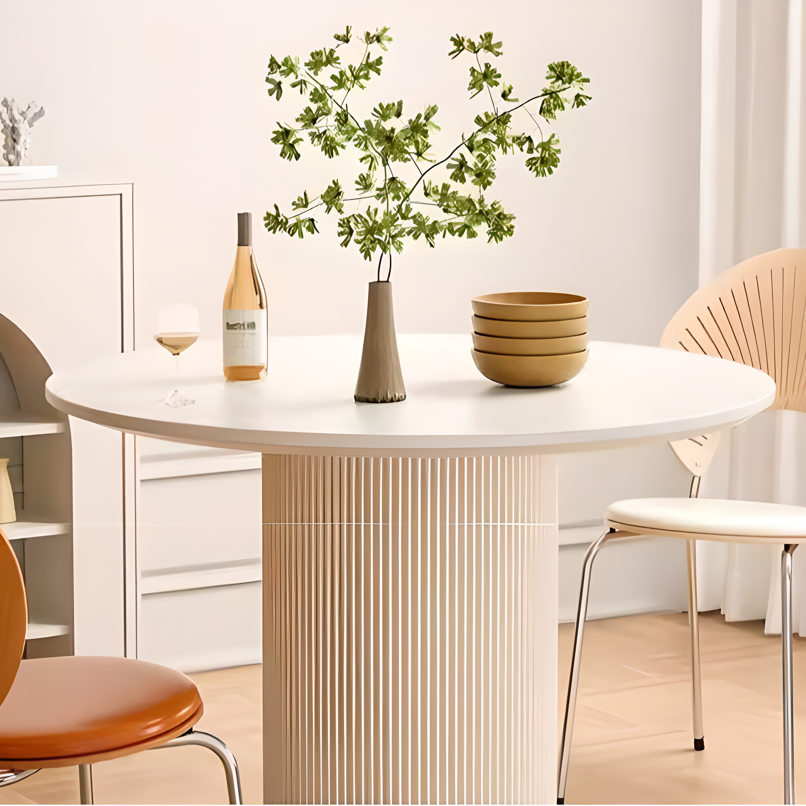 Minimalist Sintered Stone Rounded Fixed Dining Table with Single Ribbed Leg for 2 People/for 4 - image 7