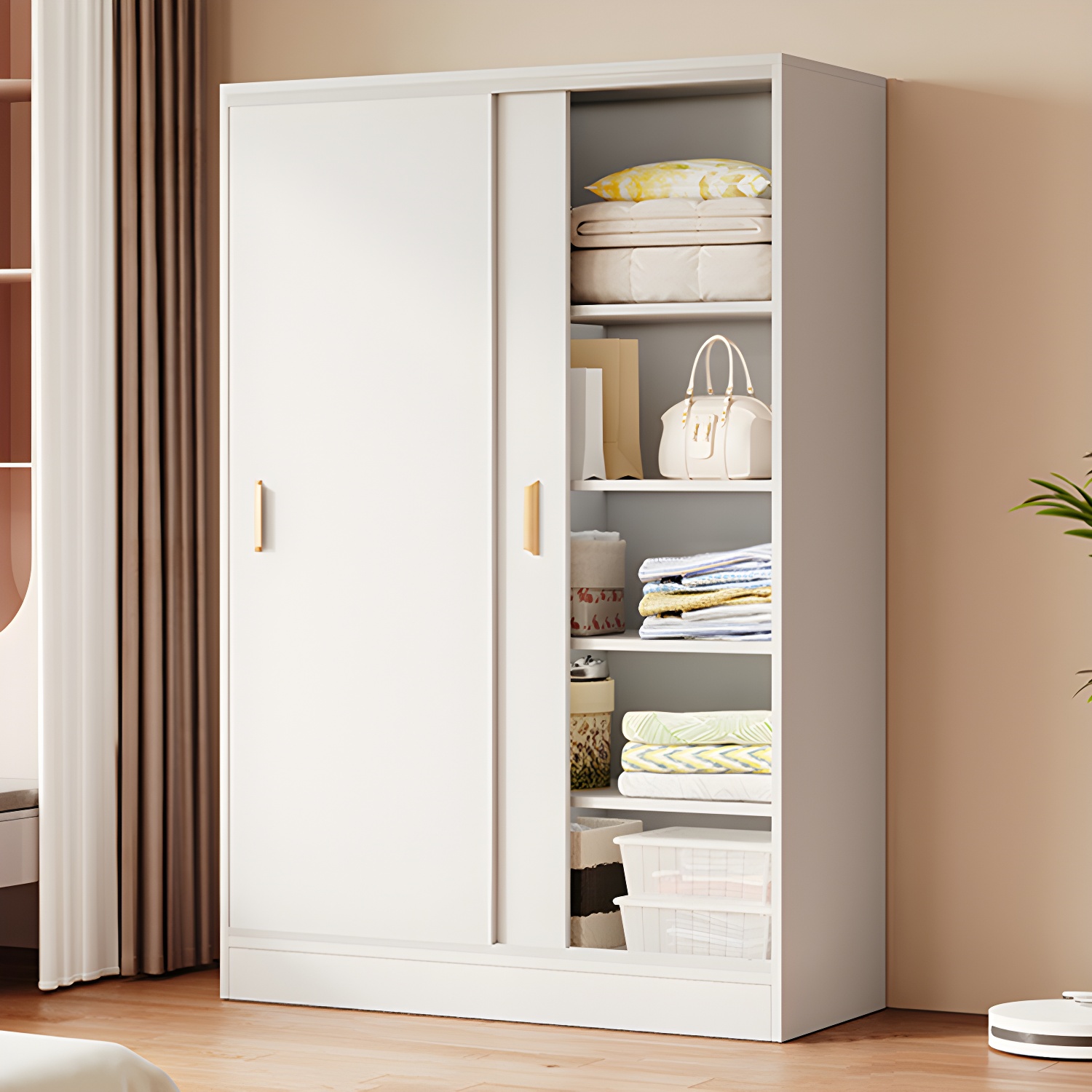 Contemporary Freestanding Wardrobe Armoire Wood Sliding Doors Wardrobe - image 4