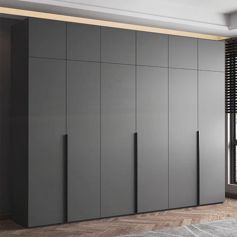 Storm Gray Minimalist Wood Cabinet Armoire with Compartments, Interior Shelves, and Clothing Rod