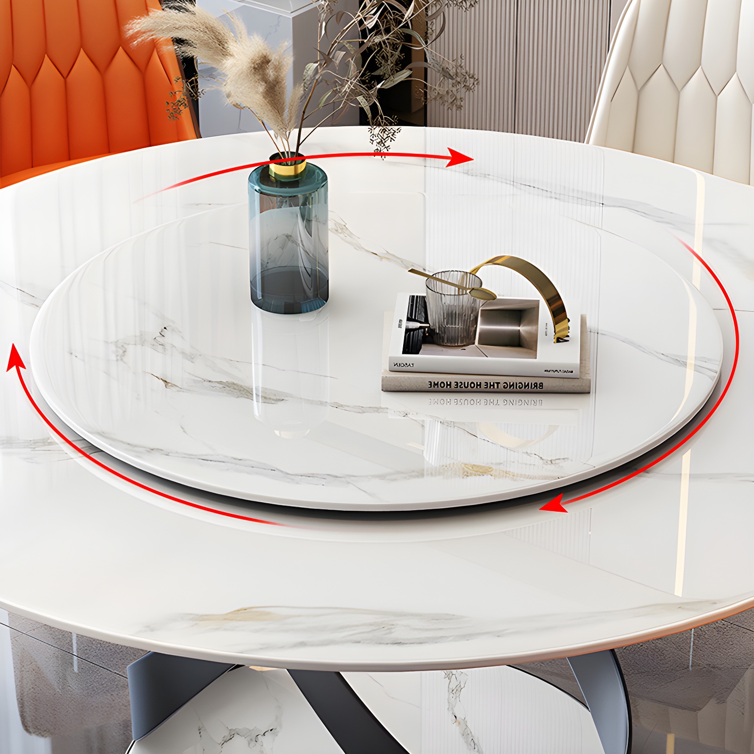 Modern Round Stone Top Lazy Susan Dining Table with Black Steel Pedestal - image 10