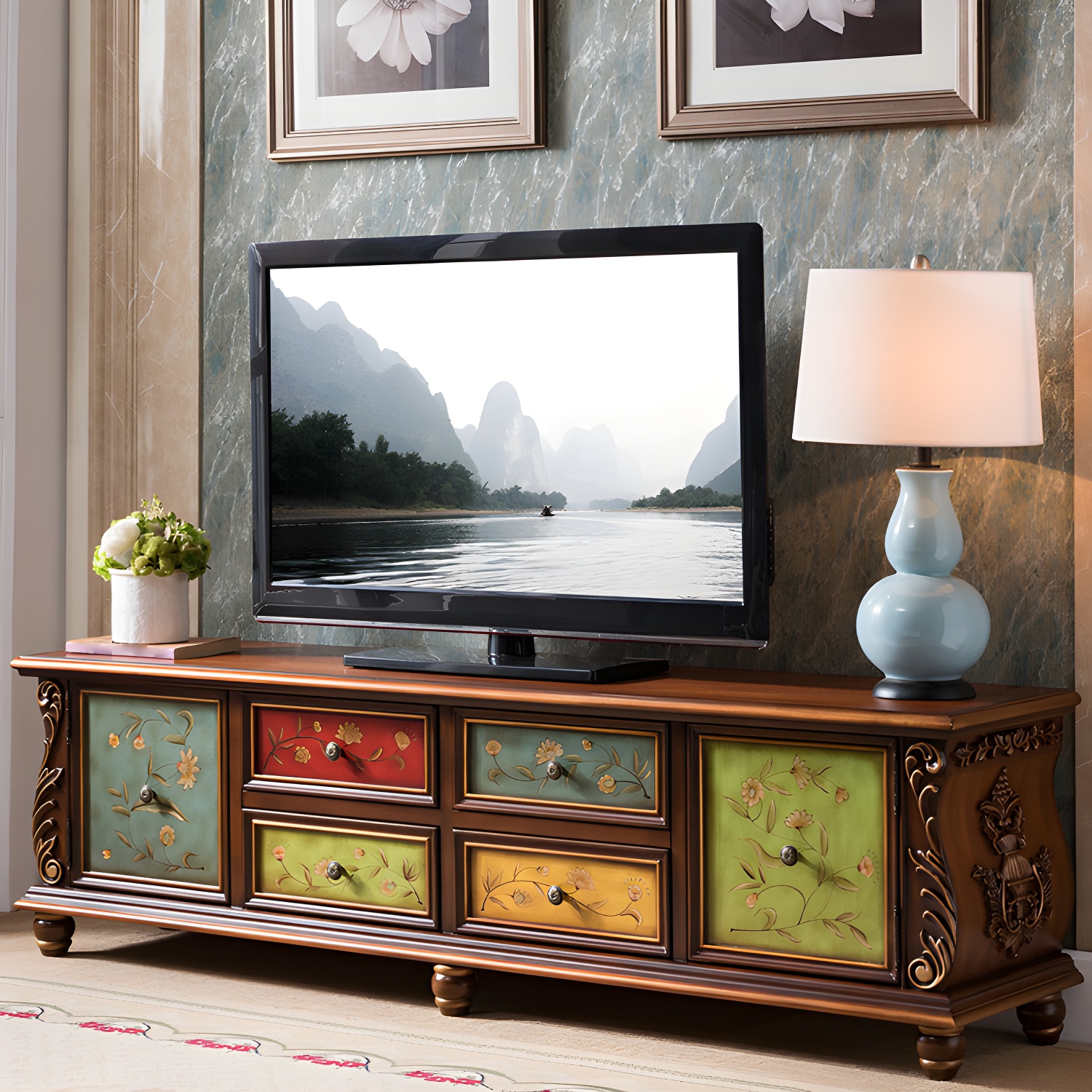 Traditional Rubberwood Media Console Matte Finish TV Media Stand with Drawers - image 6