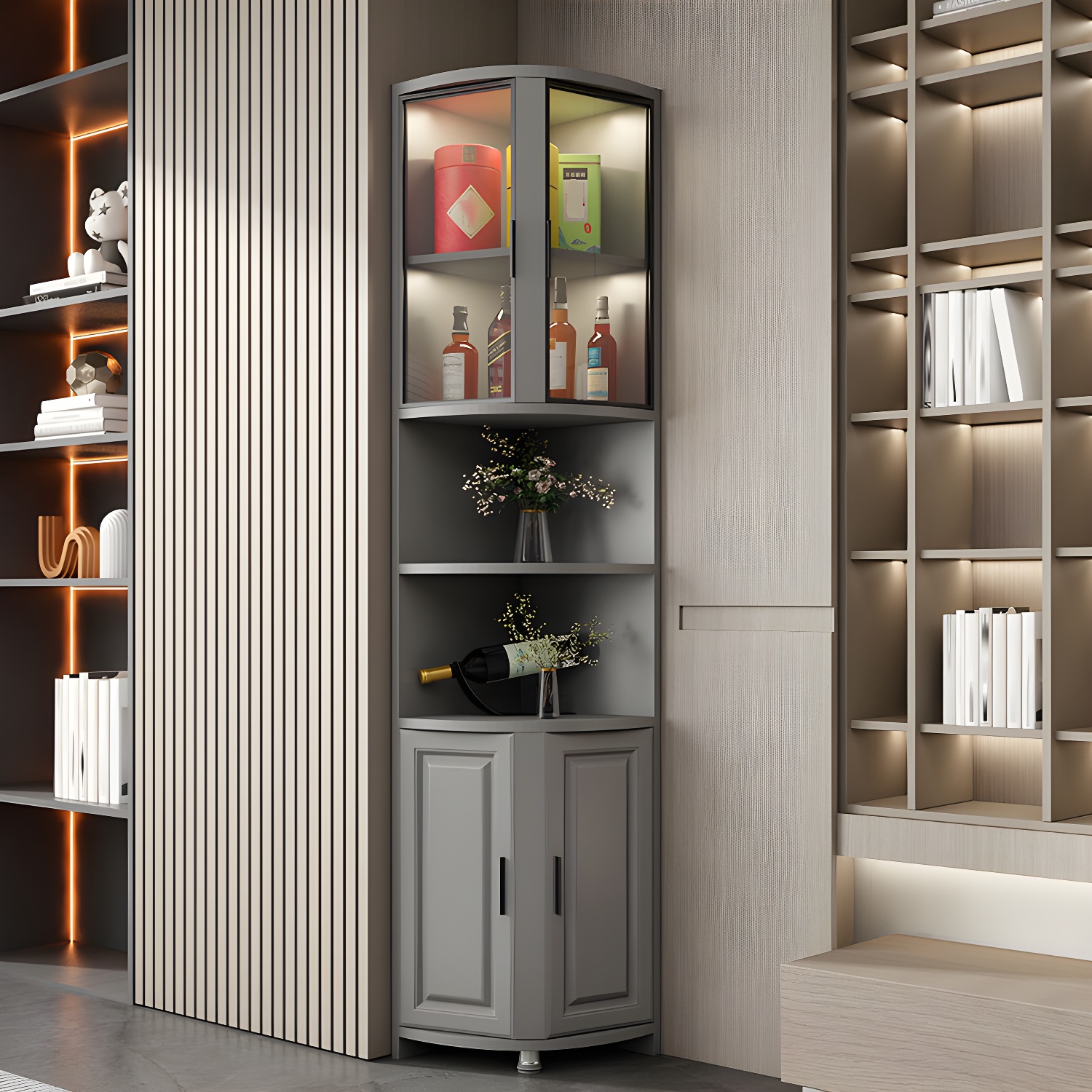 Modern Grey Corner Accent Cabinet with Glass Doors and 8 Interior Shelves