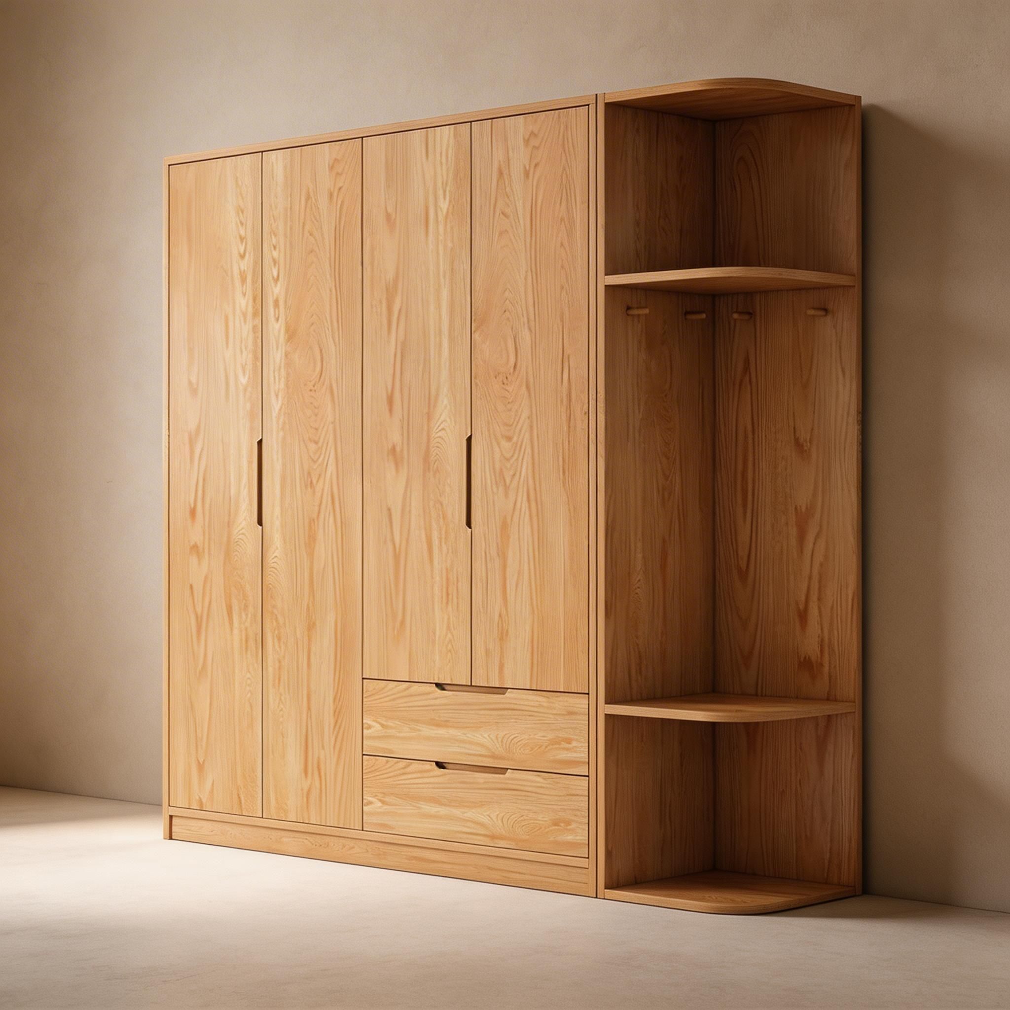 Modern Natural Wood Wardrobe Armoire with Sliding Doors, Drawers, and Shelves - image 81