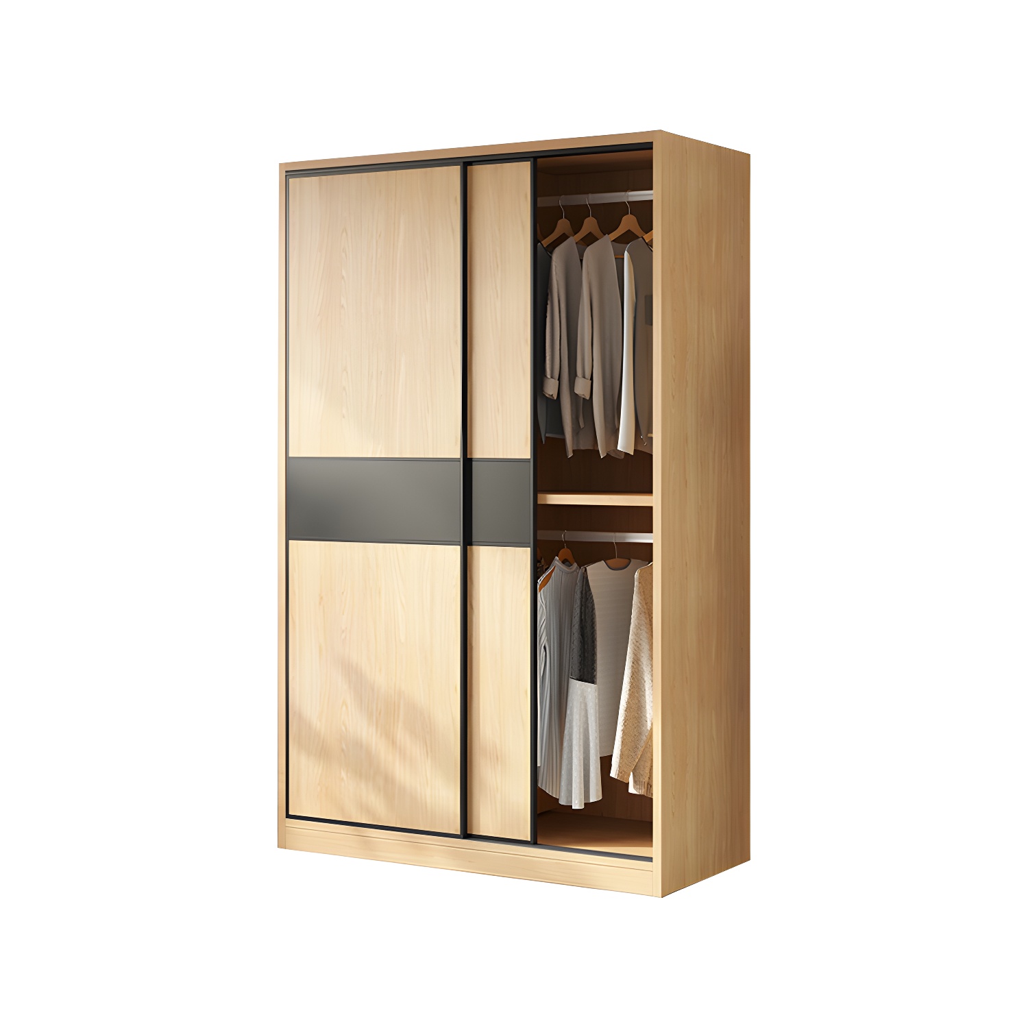 Light Wood Wardrobe Armoire with Sliding Doors, Clothing Rod, and Soft-Close Drawers - image 5