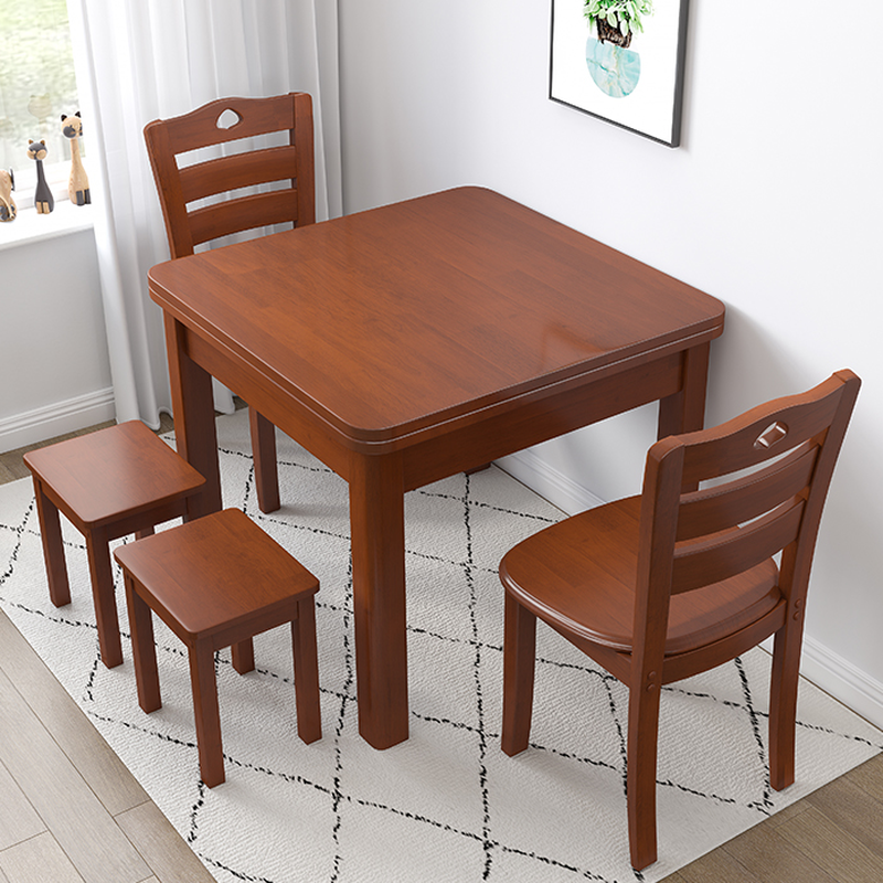 Square Fixed Dining Table Set with 4 Legs, a Wood Tabletop in Natural/Auburn/White, Back Chairs and Stool in a Simple Style