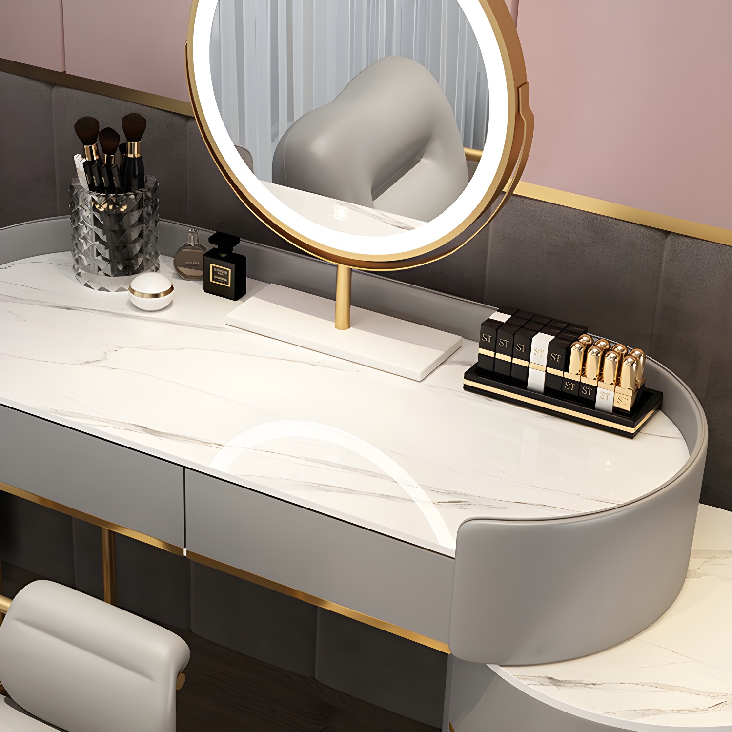 Contemporary Bedroom Metallic Lighted Mirror With Drawer Makeup Vanity Set - image 13