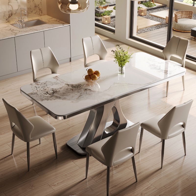 Dining Table Set with Slate Stone Top, Stump Base, Fixed Table, Padded Chair with Back in White - image 5