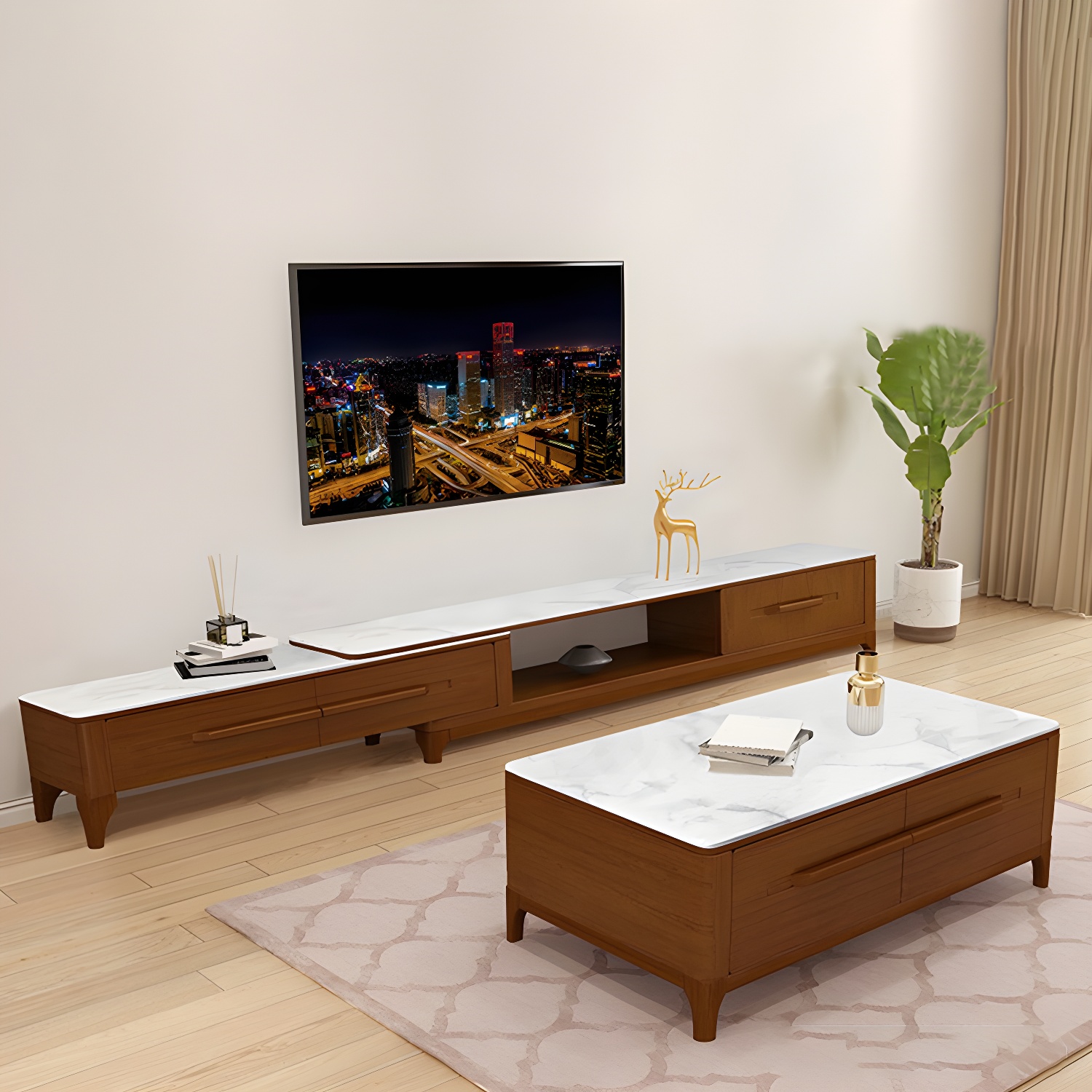 2 Drawers TV Console Modern Stone Media Console with Splayed Wooden Legs - image 6