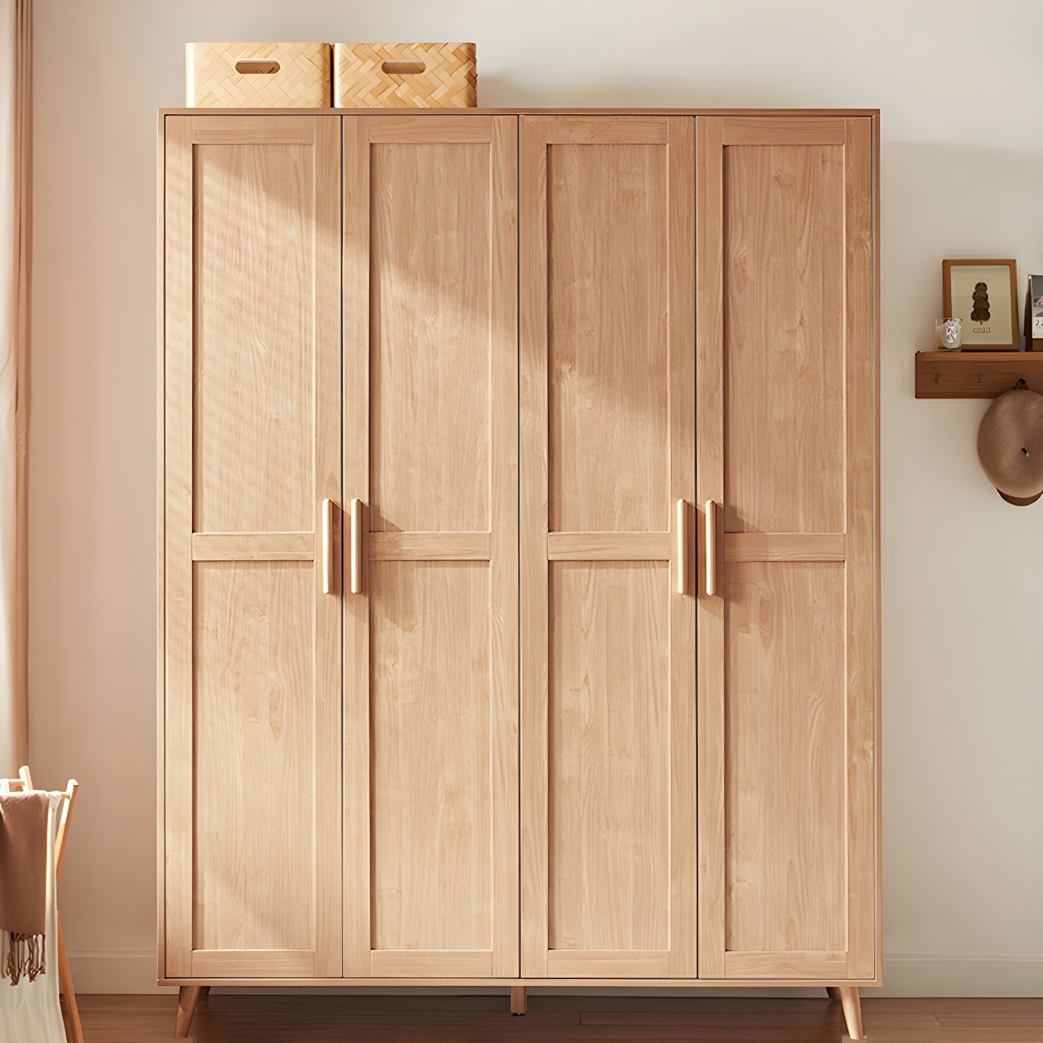 Modern Natural Wood Wardrobe Armoire with Clothing Rod, Shelves, and Soft-Close Drawers - image 12