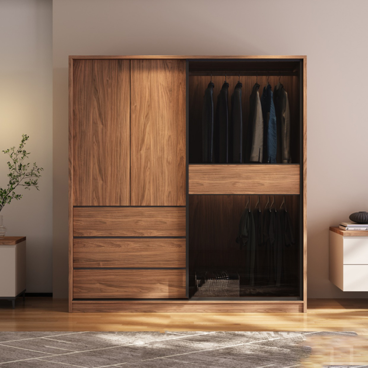 Modern Freestanding Wardrobe Brown Wood Wardrobe Armoire with Drawers - image 4