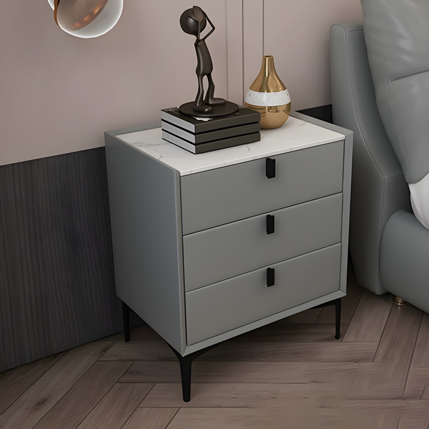 Glam Style Sintered Stone Top 3 Drawers Nightstand for Bedroom - image 10