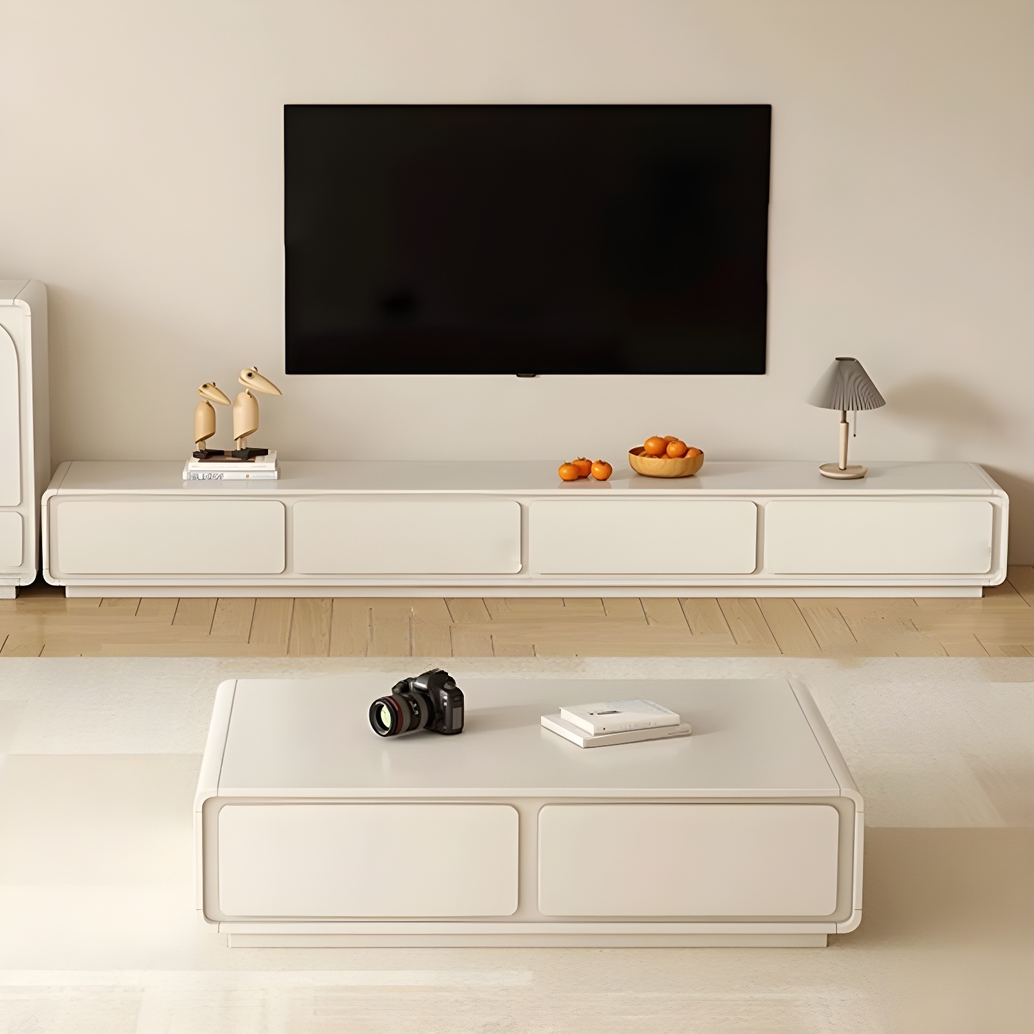 Beige Modern TV Stand with Soft Close Drawers - Cable Management - No Assembly Required - image 3