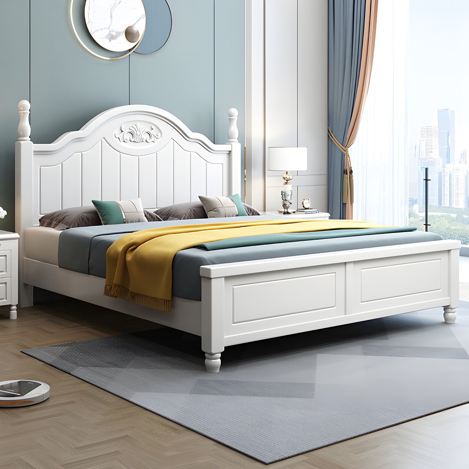 French Country Bed 83.46" Long Bed with Arched Headboard in White - image 3