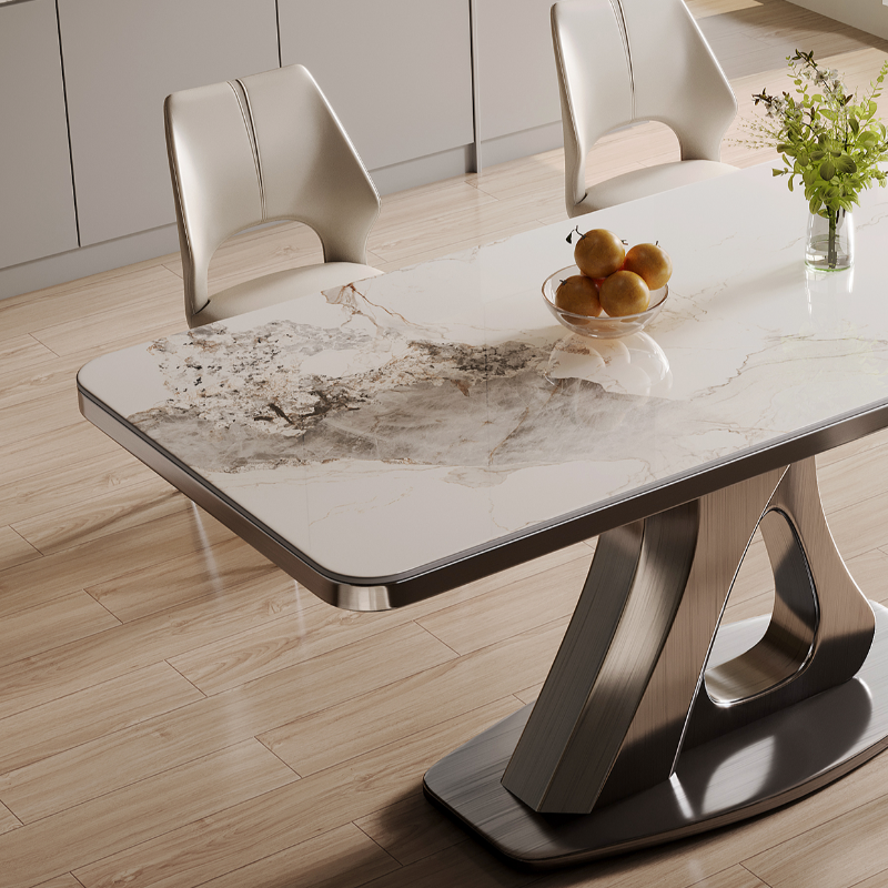Dining Table Set with Slate Stone Top, Stump Base, Fixed Table, Padded Chair with Back in White - image 7