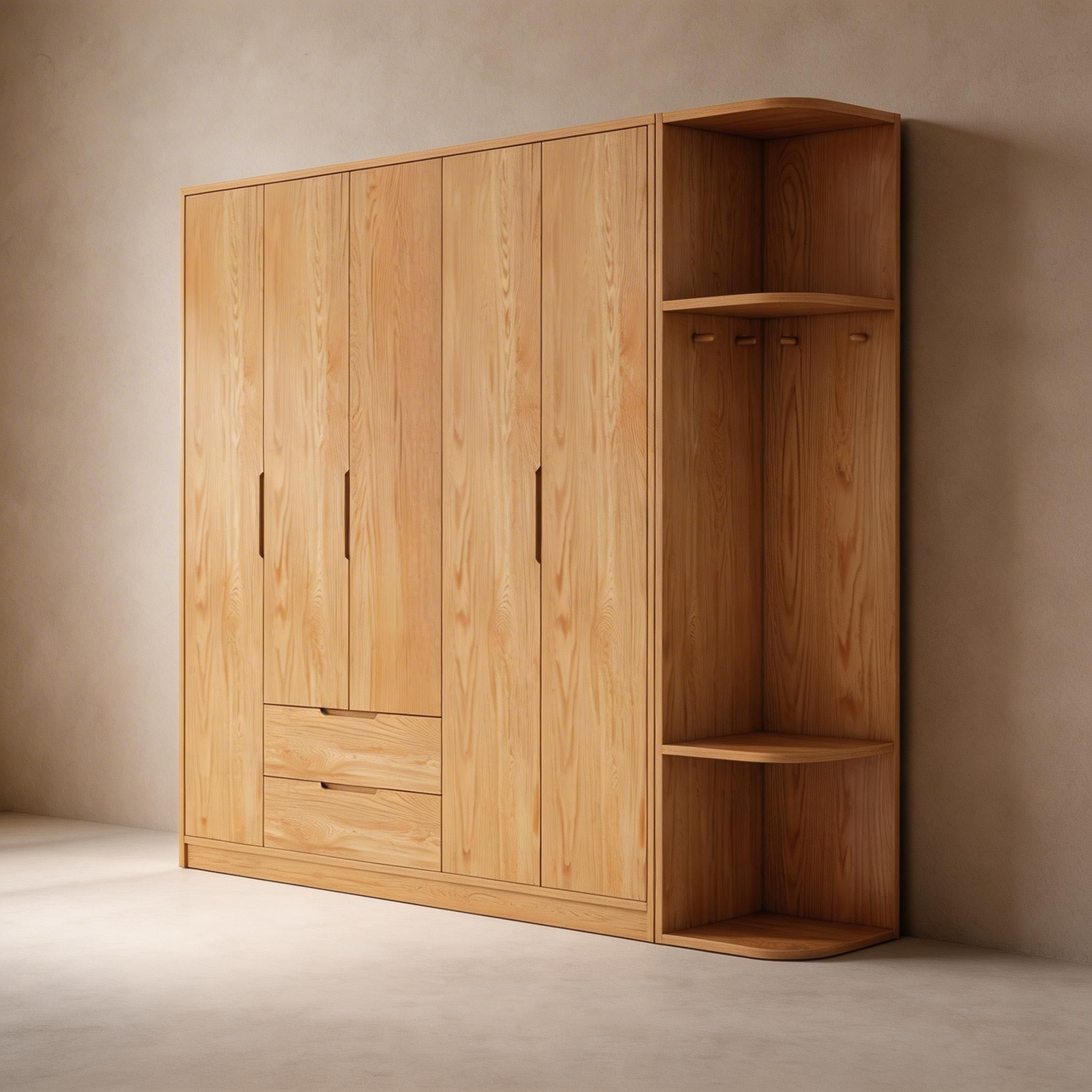 Modern Natural Wood Wardrobe Armoire with Sliding Doors, Drawers, and Shelves - image 88