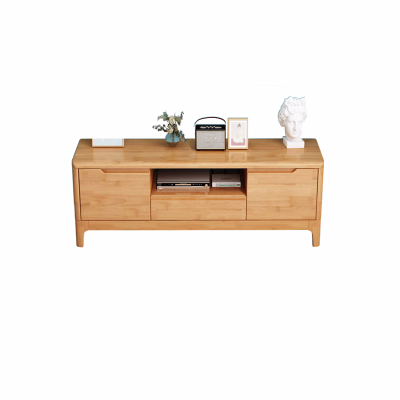 Art Deco Natural Wood TV Stand with 2 Drawers, 2 Cabinets, and Visible Storage