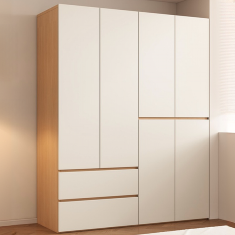 Wood Grain Minimalist Manufactured Wood Wardrobe Closet with Soft Close Drawer, Soft Close Door, Interior Shelves, and Clothing Rod