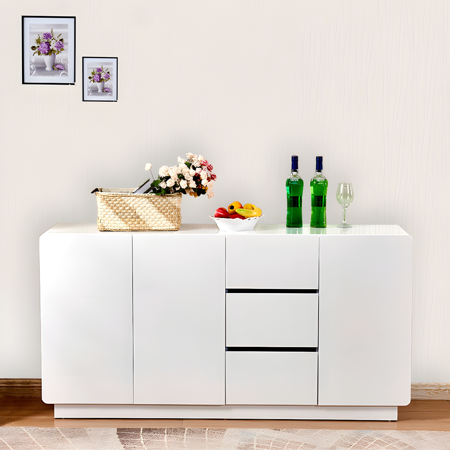 Contemporary White Sideboard Table with Drawers and Adjustable Shelving