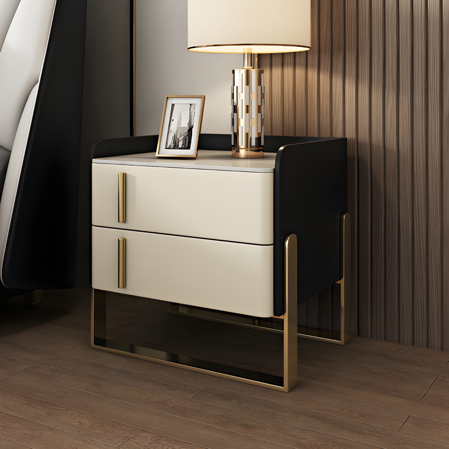 Glam Nightstand with 2 Drawer 20-inch Tall Leather Night Table - image 3