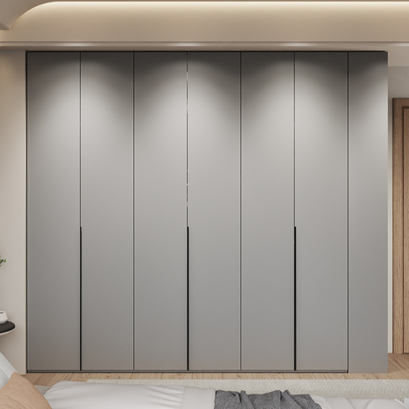 Dove Grey Minimalist Manufactured Wood Wardrobe Closet with Compartments, Soft Close Door, Interior Shelves, and Clothing Rod