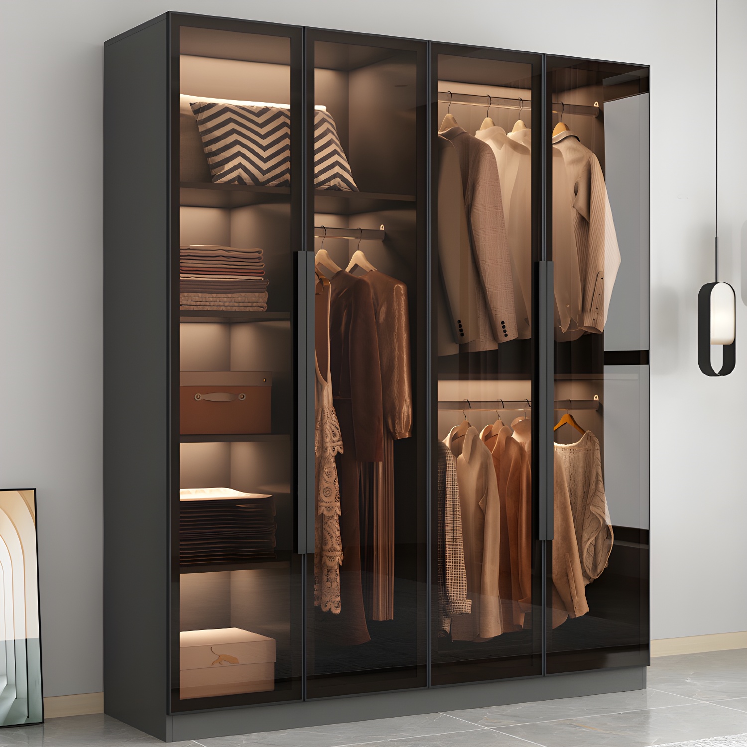Freestanding Grey Wood Frame Wardrobe Modern Multifunctional Wardrobe with Glass Doors - image 10