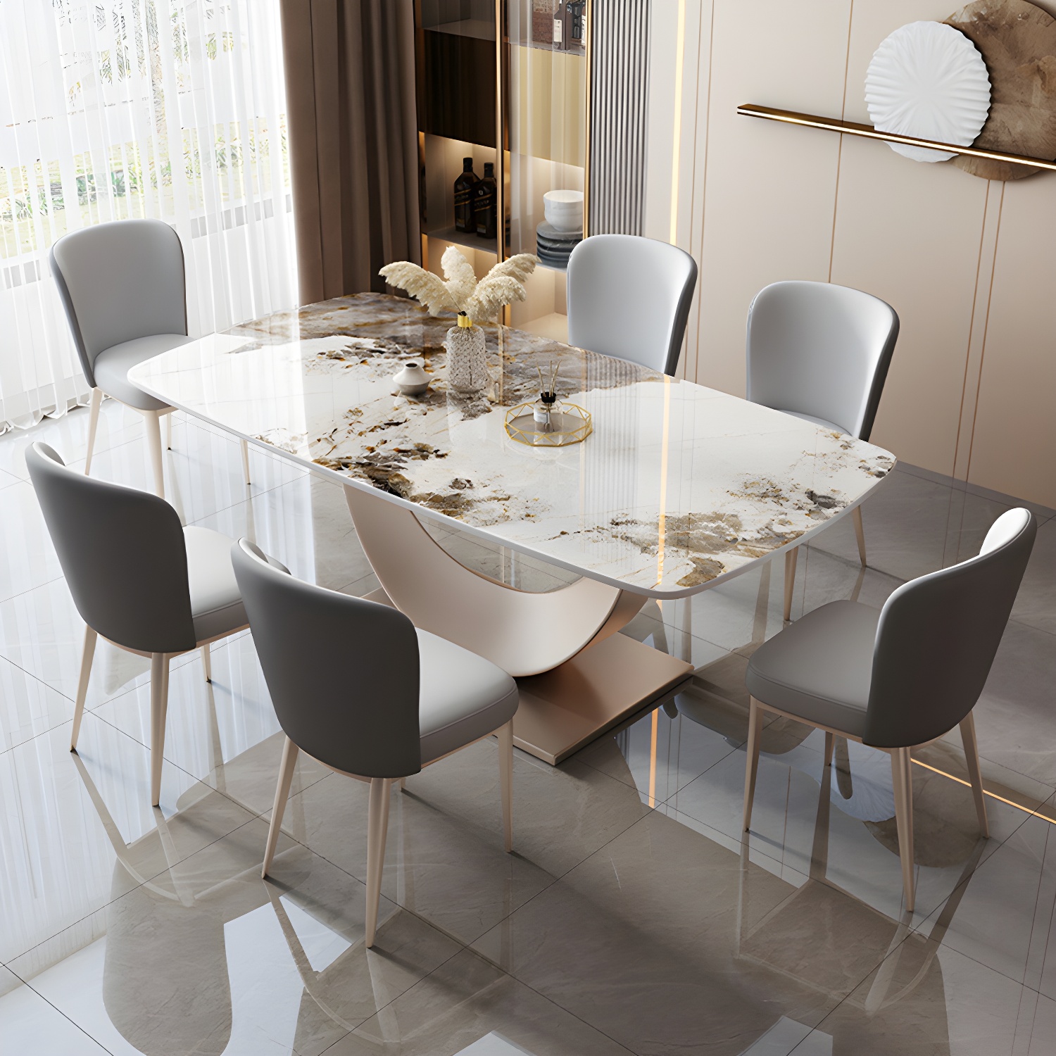Contemporary Stone Top Dining Table with Metal Pedestal Base - image 3