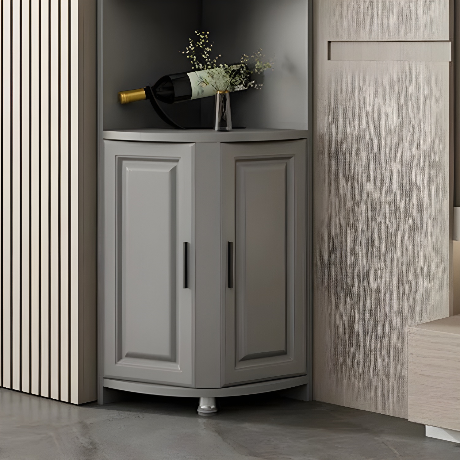 Modern Grey Corner Accent Cabinet with Glass Doors and 8 Interior Shelves - image 4