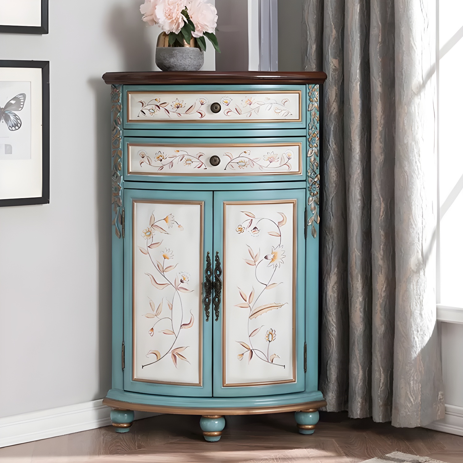 Rustic Corner Accent Cabinet with Wood Counter Top, Drawers, and Cabinet, Small Size - image 3