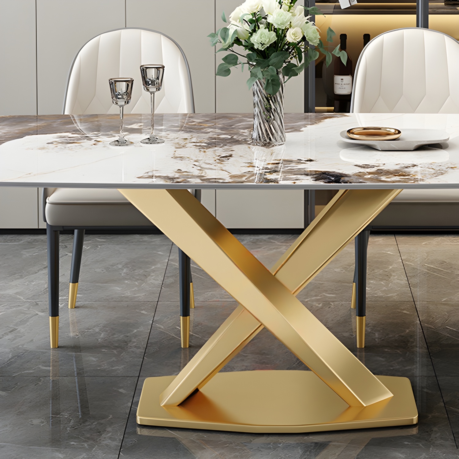 Glam Metal Dining Set in Beige with Gold Pedestal Base and Slate Tabletop - 1/5/7 Piece Set - image 7