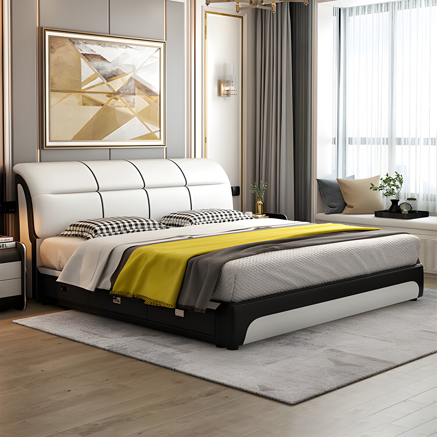 Glam Light Beige Bed Upholstered Wood Bed Frame with Headboard