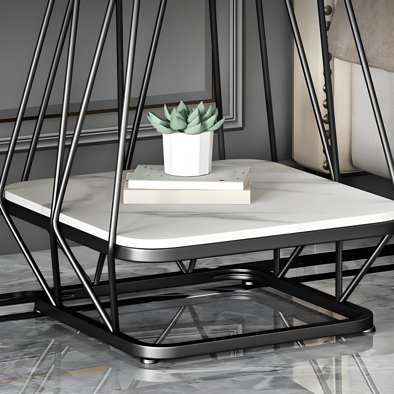 Glam Metal Night Table Stone Top 24'' Tall Open Storage Nightstand with Legs - image 15