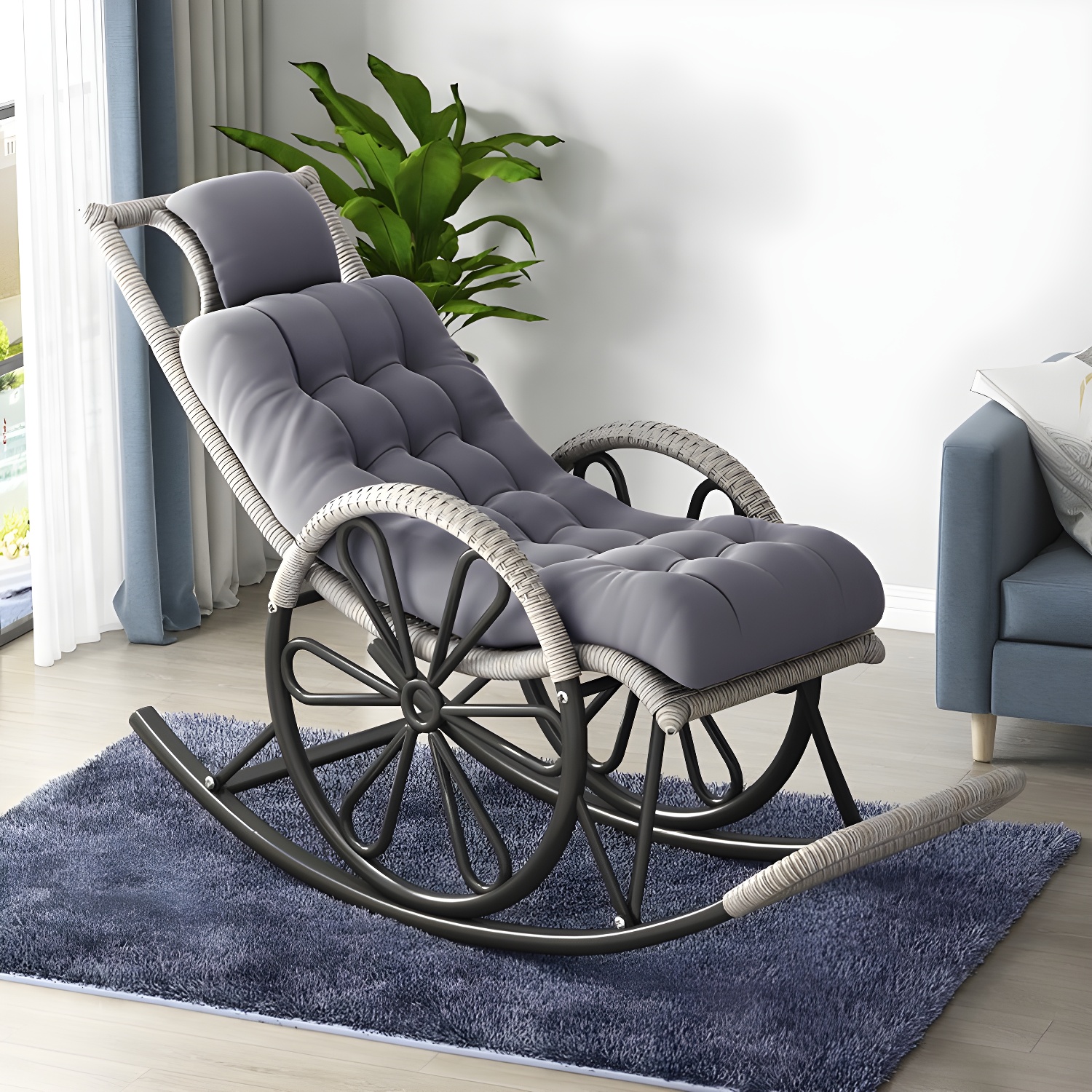 Modern Rocker Wicker Removable Cushions Tufted with Gray Frame Rocking Chair - image 5