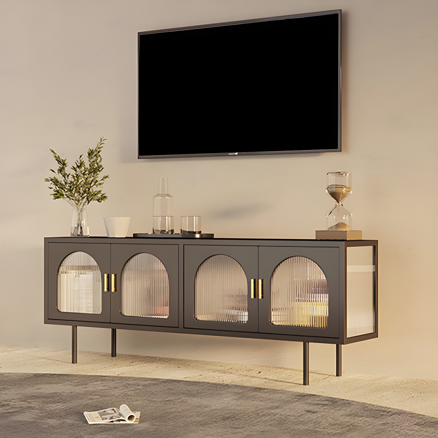Industrial 4 Doors TV Media Stand Metal and Glass TV Console - image 9