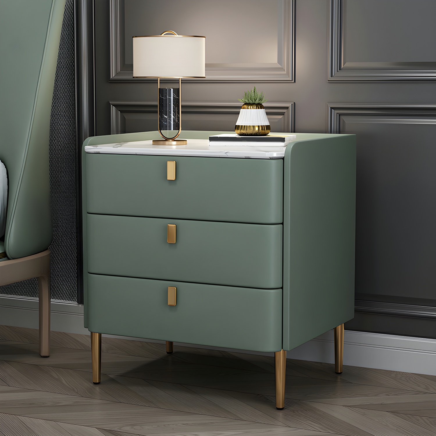 Glam Style Sintered Stone Top Drawer Storage Nightstand for Bedroom - image 10