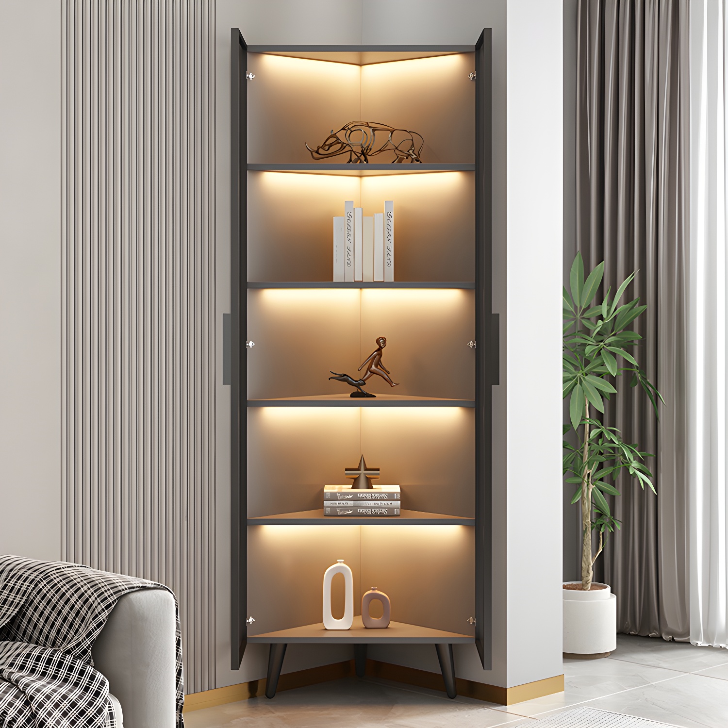 Corner Modern Accent Cabinet with Black Metal Base and Glass Doors, Black Wood Counter Top - image 4