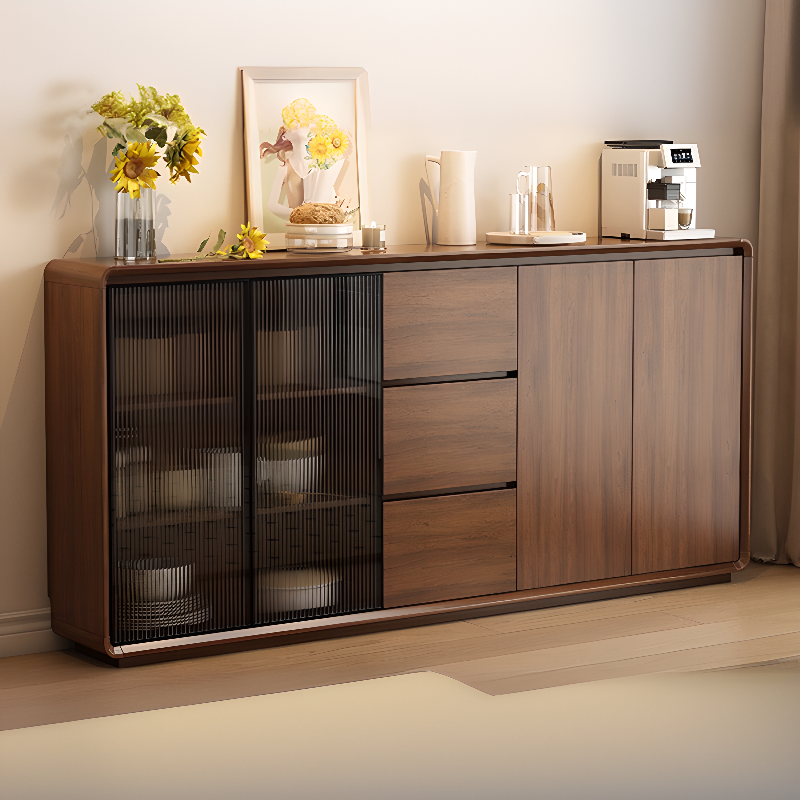 Espresso Sideboard with 3 Drawers, Locker Cabinet, Narrow Size, Compartment Storage, Glass-panel Door, and Flexible Shelf