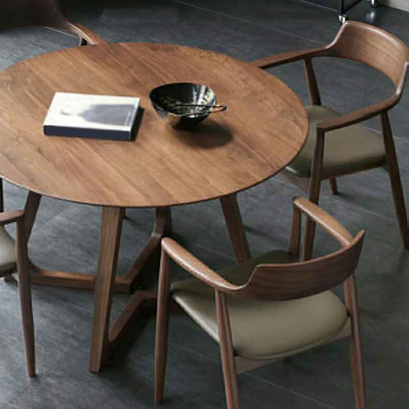 Scandinavian Brown Round Wood Dining Table with Double Pedestal Base - image 4