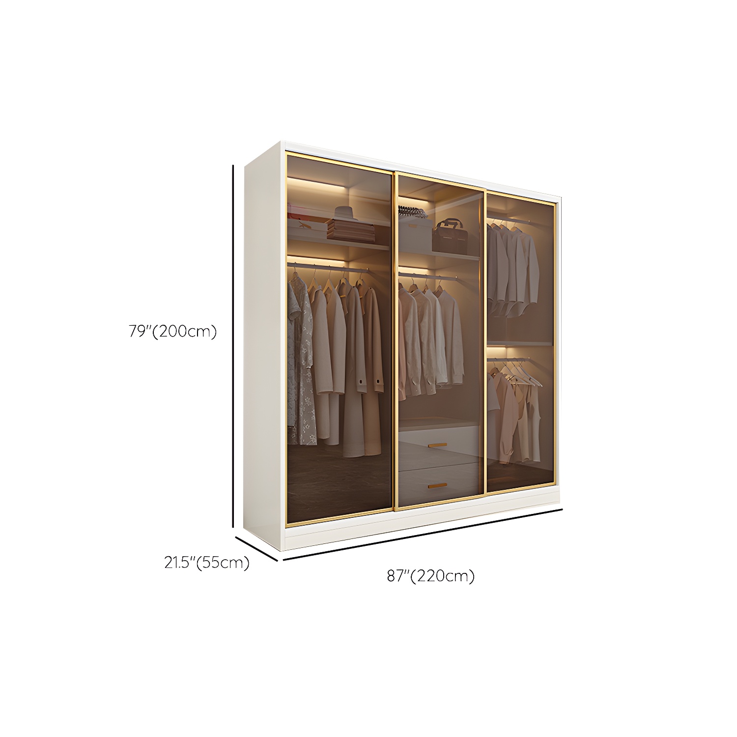 Modern White Wood Frame Wardrobe Freestanding Wardrobe with Sliding Glass Doors - image 15